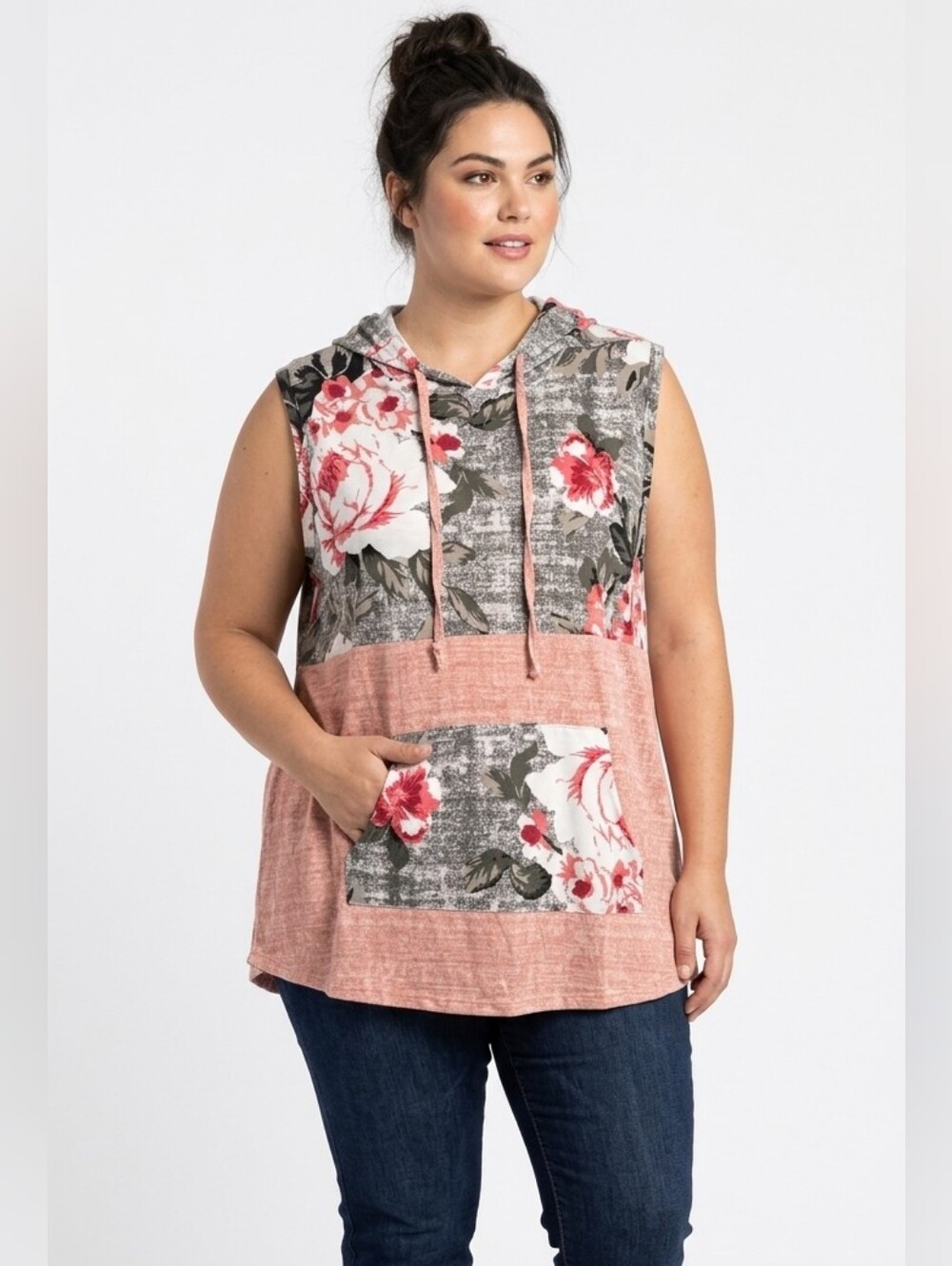 LuLaRoe Pink/Gray Floral Print "Brittany" Hooded Tank Top Size Large NWT